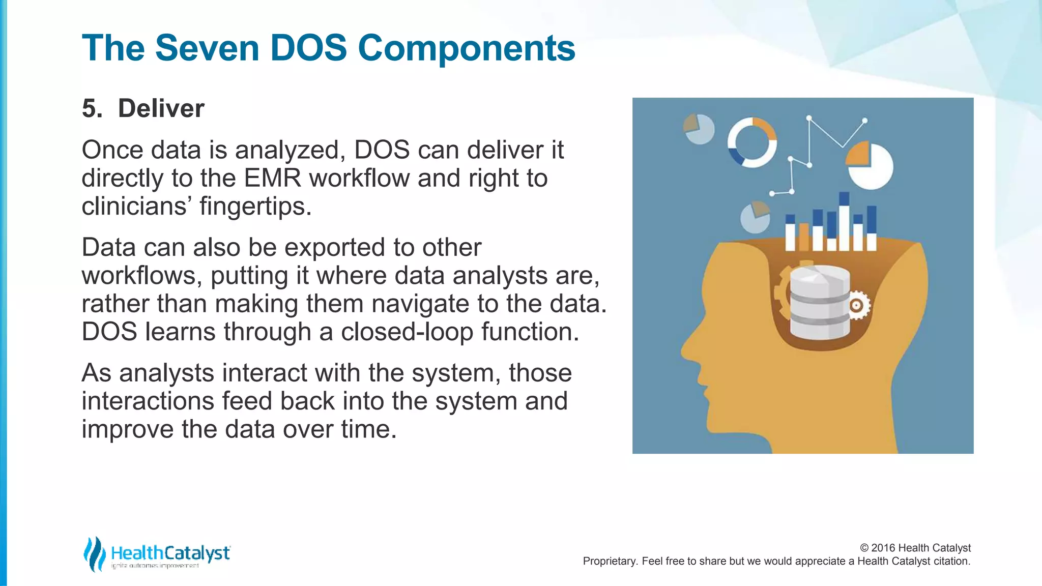 © 2016 Health Catalyst
Proprietary. Feel free to share but we would appreciate a Health Catalyst citation.
The Seven DOS Components
5. Deliver
Once data is analyzed, DOS can deliver it
directly to the EMR workflow and right to
clinicians’ fingertips.
Data can also be exported to other
workflows, putting it where data analysts are,
rather than making them navigate to the data.
DOS learns through a closed-loop function.
As analysts interact with the system, those
interactions feed back into the system and
improve the data over time.
 