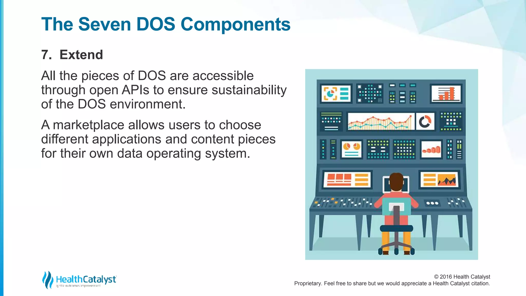 © 2016 Health Catalyst
Proprietary. Feel free to share but we would appreciate a Health Catalyst citation.
The Seven DOS Components
7. Extend
All the pieces of DOS are accessible
through open APIs to ensure sustainability
of the DOS environment.
A marketplace allows users to choose
different applications and content pieces
for their own data operating system.
 