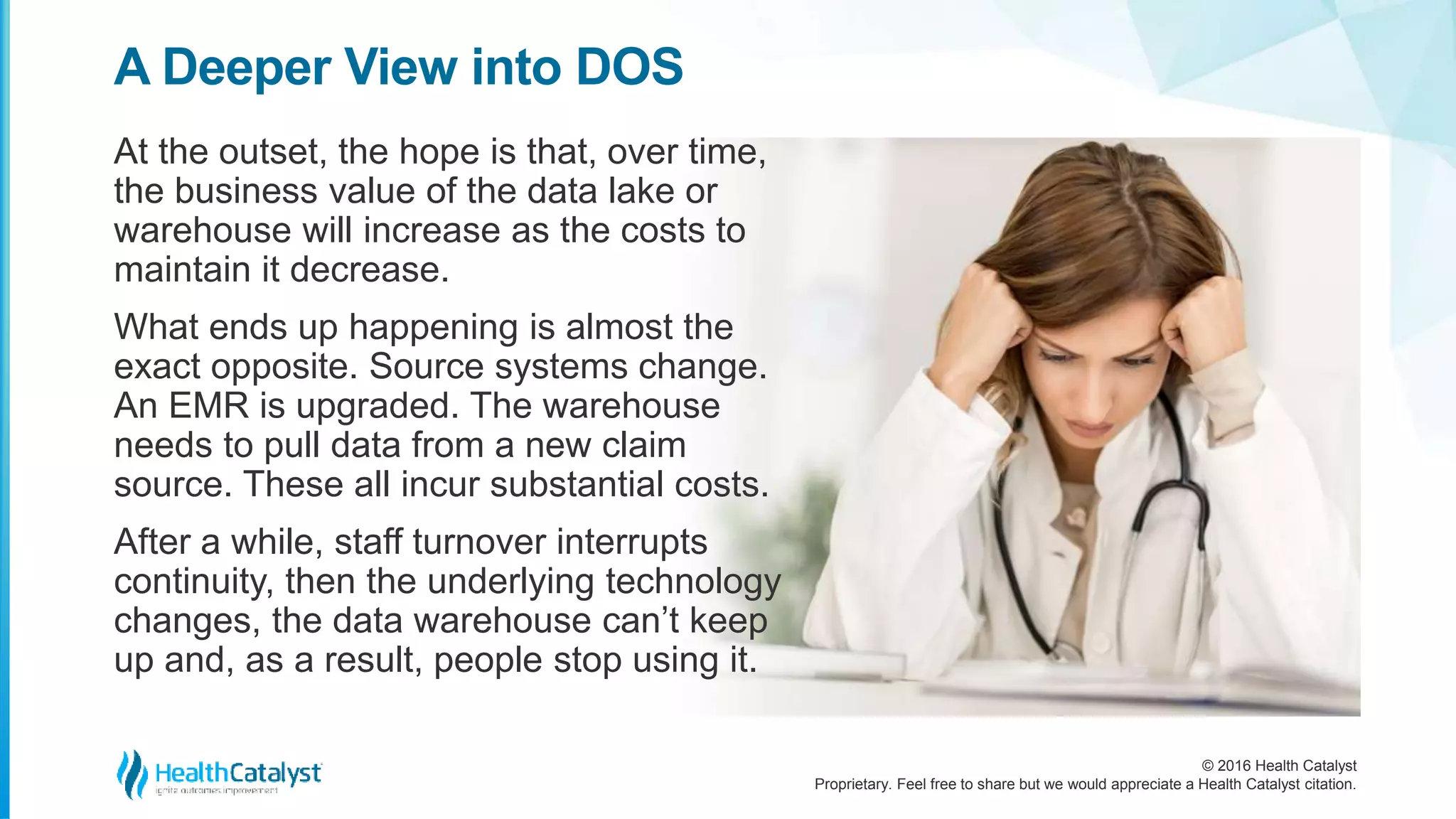 © 2016 Health Catalyst
Proprietary. Feel free to share but we would appreciate a Health Catalyst citation.
A Deeper View into DOS
At the outset, the hope is that, over time,
the business value of the data lake or
warehouse will increase as the costs to
maintain it decrease.
What ends up happening is almost the
exact opposite. Source systems change.
An EMR is upgraded. The warehouse
needs to pull data from a new claim
source. These all incur substantial costs.
After a while, staff turnover interrupts
continuity, then the underlying technology
changes, the data warehouse can’t keep
up and, as a result, people stop using it.
 