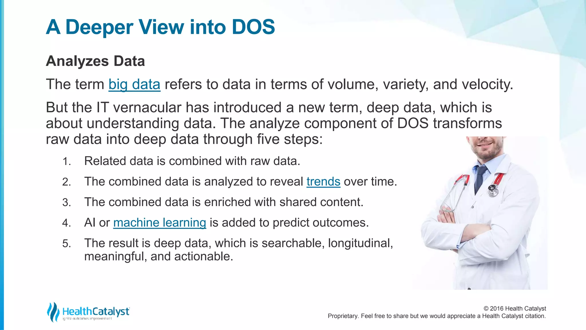 © 2016 Health Catalyst
Proprietary. Feel free to share but we would appreciate a Health Catalyst citation.
A Deeper View into DOS
Analyzes Data
The term big data refers to data in terms of volume, variety, and velocity.
But the IT vernacular has introduced a new term, deep data, which is
about understanding data. The analyze component of DOS transforms
raw data into deep data through five steps:
1. Related data is combined with raw data.
2. The combined data is analyzed to reveal trends over time.
3. The combined data is enriched with shared content.
4. AI or machine learning is added to predict outcomes.
5. The result is deep data, which is searchable, longitudinal,
meaningful, and actionable.
 