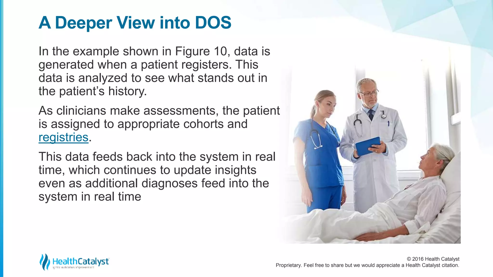 © 2016 Health Catalyst
Proprietary. Feel free to share but we would appreciate a Health Catalyst citation.
A Deeper View into DOS
In the example shown in Figure 10, data is
generated when a patient registers. This
data is analyzed to see what stands out in
the patient’s history.
As clinicians make assessments, the patient
is assigned to appropriate cohorts and
registries.
This data feeds back into the system in real
time, which continues to update insights
even as additional diagnoses feed into the
system in real time
 