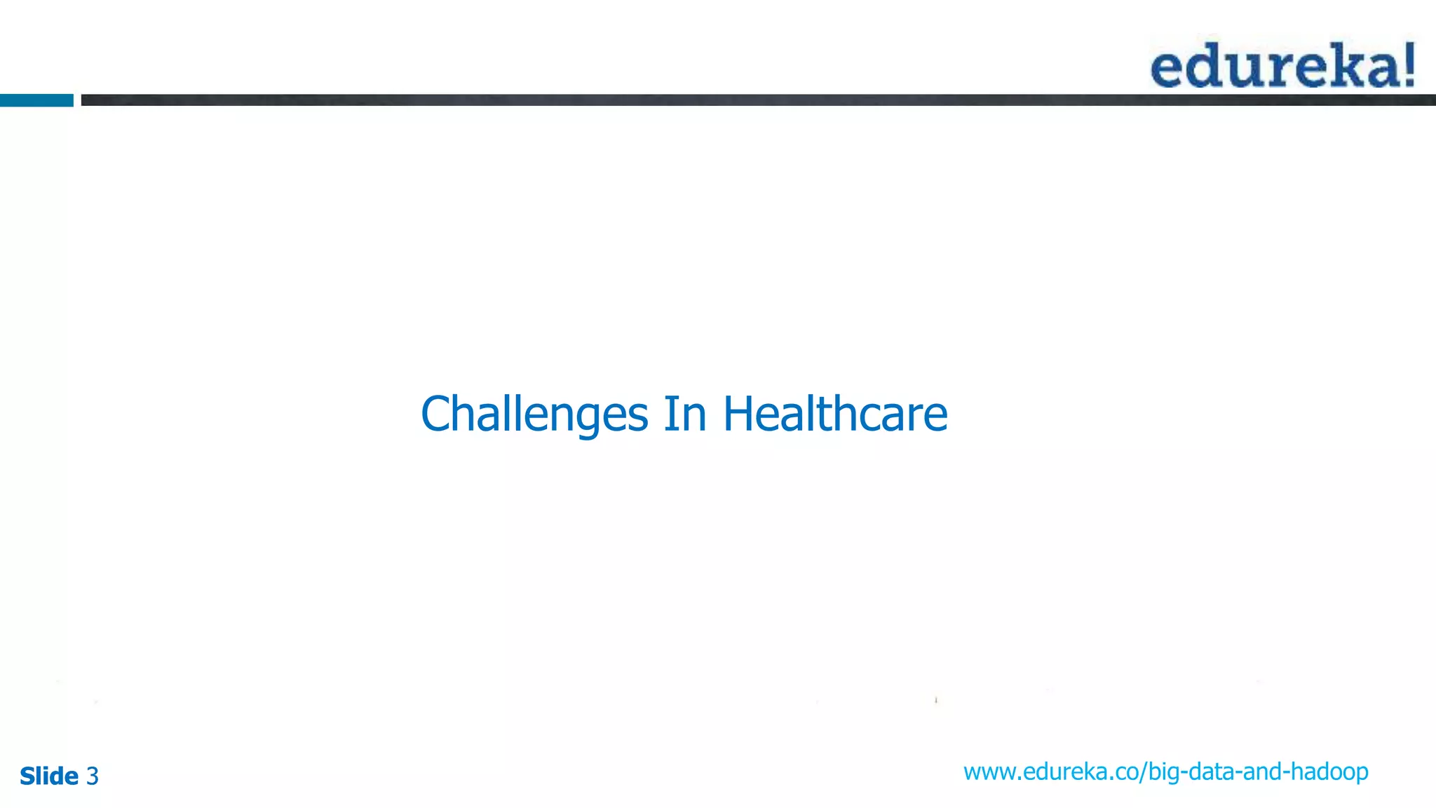 Slide 3Slide 3Slide 3 www.edureka.co/big-data-and-hadoop
Challenges In Healthcare
 