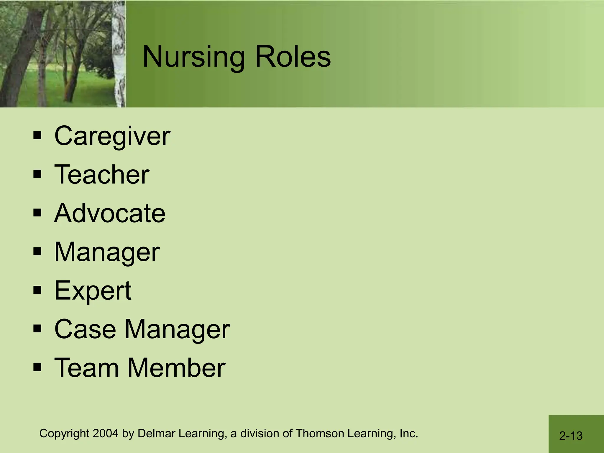 2-13
Copyright 2004 by Delmar Learning, a division of Thomson Learning, Inc.
Nursing Roles
 Caregiver
 Teacher
 Advocate
 Manager
 Expert
 Case Manager
 Team Member
 
