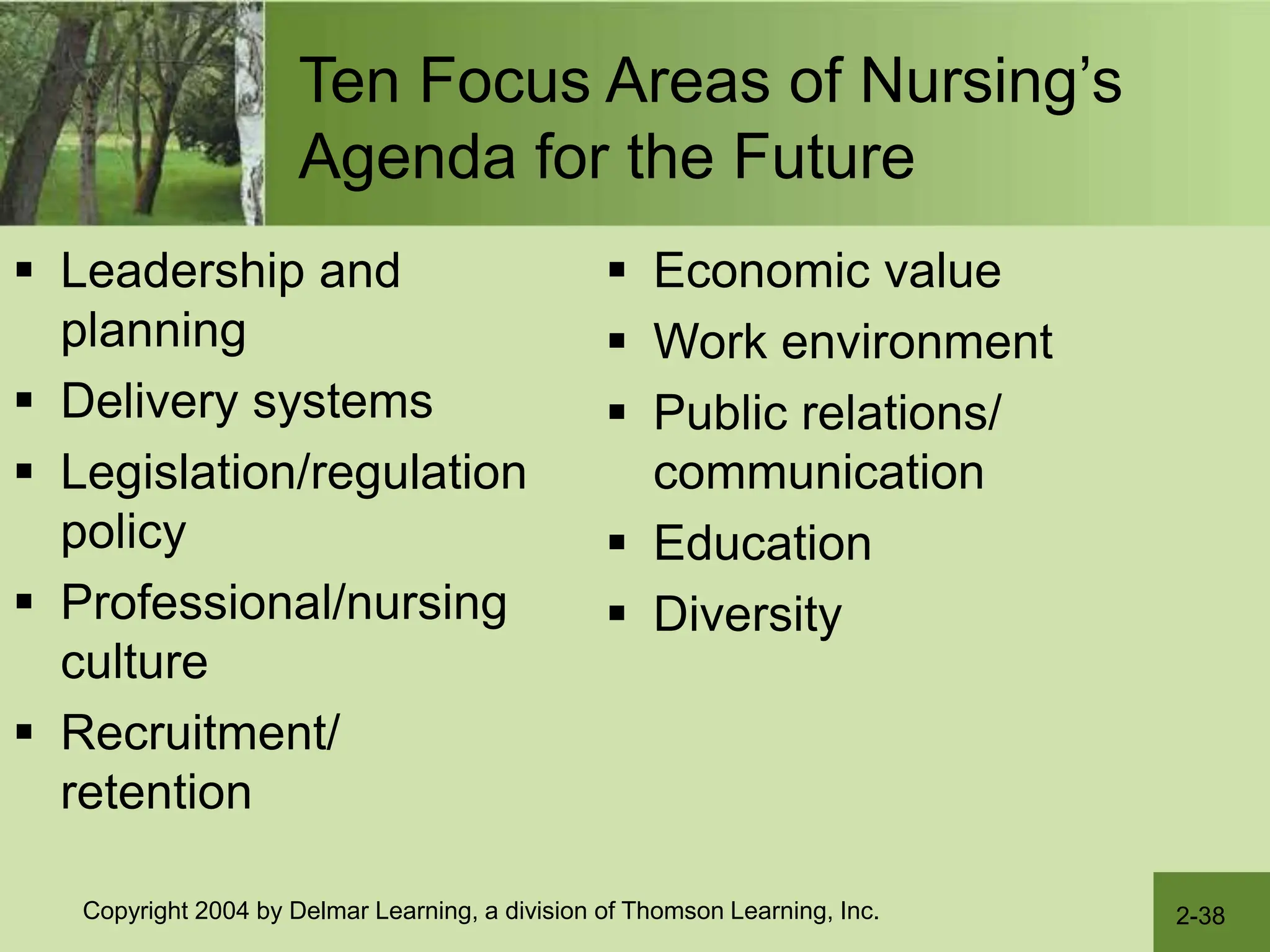 2-38
Copyright 2004 by Delmar Learning, a division of Thomson Learning, Inc.
Ten Focus Areas of Nursing’s
Agenda for the Future
 Leadership and
planning
 Delivery systems
 Legislation/regulation
policy
 Professional/nursing
culture
 Recruitment/
retention
 Economic value
 Work environment
 Public relations/
communication
 Education
 Diversity
 