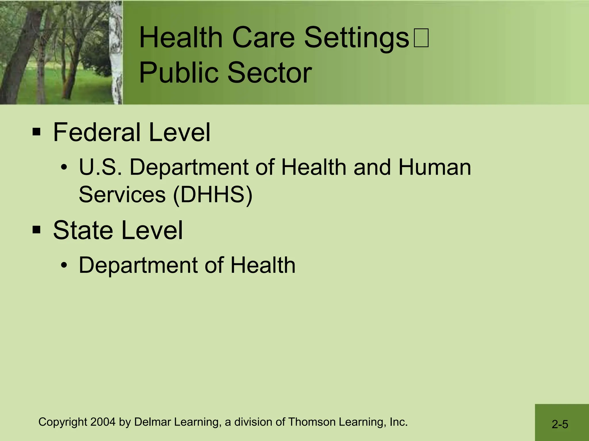 2-5
Copyright 2004 by Delmar Learning, a division of Thomson Learning, Inc.
Health Care Settings
Public Sector
 Federal Level
• U.S. Department of Health and Human
Services (DHHS)
 State Level
• Department of Health
 