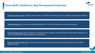 www.sumasoft.com
Suma Soft's Healthcare App Development Expertise
Suma Soft – Proprietary and Confidential
QA & IT
Security
• Telehealth Solutions: Create secure telehealth platforms for virtual consultations and remote care delivery.
• Patient Engagement Apps: Develop patient portals, appointment scheduling tools, and medication management platforms.
• Clinical Workflow Apps: Design applications to streamline data collection, electronic health records (EHR) integration, and
secure communication between healthcare professionals.
• Healthcare Data Analytics Apps: Build solutions to generate real-time insights from healthcare data to inform better
decision-making.
 