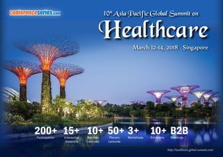 March 12-14, 2018 Singapore
conferenceseries.com
http://healthcare.global-summit.com/
Participation
200+ 15+ 10+ 50+ 3+ 10+ B2BInteractive
Sessions
Keynote
Lectures
Plenary
Lectures
Exhibitors MeetingsWorkshops
10th
Asia Pacific Global Summit on
Healthcare
 