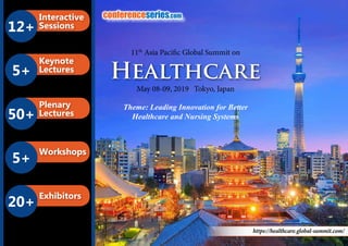 12+
Interactive
Sessions
5+
Keynote
Lectures
50+
Plenary
Lectures
5+
Workshops
20+
Exhibitors
B2B Meetings
conferenceseries.com
https://healthcare.global-summit.com/
11th
Asia Pacific Global Summit on
Healthcare
May 08-09, 2019 Tokyo, Japan
Theme: Leading Innovation for Better
Healthcare and Nursing Systems
 