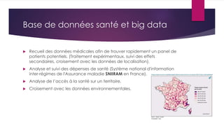 Base de données santé et big data
 Recueil des données médicales afin de trouver rapidement un panel de
patients potentiels. (Traitement expérimentaux, suivi des effets
secondaires, croisement avec les données de localisation).
 Analyse et suivi des dépenses de santé (Système national d'information
inter-régimes de l'Assurance maladie SNIIRAM en France).
 Analyse de l’accès à la santé sur un territoire.
 Croisement avec les données environnementales.
 
