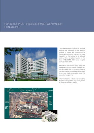 POK OI HOSPITAL - REDEVELOPMENT & EXPANSION
HONG KONG




                                        The redevelopment of Pok Oi Hospital
                                        includes the demolition of the existing
                                        hospital in phases and construction of
                                        temporary buildings to maintain the daily
                                        operation of the hospital at a reduced
                                        scale until the target completion of the
                                        new HK$1,600M, 622 beds hospital
                                        complex in late 2005.

                                        Demolition and initial building works for
                                        temporary buildings, utilities diversion etc
                                        started in early June 2001. Construction of
                                        the new hospital complex was determined
                                        to be a one-phase construction to suit the
                                        expedited programme.

                                        The new hospital will serve as an acute
                                        hospital to support the population growth
                                        in the North-west NT district.
 