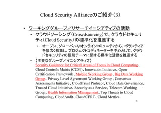 Cloud Security Allianceのご紹介（3）

• ワーキンググループ／リサーチイニシアティブの活動
  • クラウドソーシング（Crowdsourcing）で、クラウドセキュリ
    ティ（Cloud Security）の標準化を推進する
     • オープン、グローバルなオンラインコミュニティから、ボランティア
        を幅広く募集し、プロジェクトコディネーターを中心として、クラウ
        ドセキュリティの個別テーマに関する標準化活動を推進する
  • 【主要なグループ／イニシアティブ】
    Security Guidance for Critical Areas of Focus in Cloud Computing、
    Cloud Controls Matrix (CCM)、Innovation Initiative、Open
    Certification Framework、Mobile Working Group、Big Data Working
    Group、Privacy Level Agreement Working Group、Consensus
    Assessments Initiative、CloudTrust Protocol、Cloud Data Governance、
    Trusted Cloud Initiative、Security as a Service、Telecom Working
    Group、Health Information Management、Top Threats to Cloud
    Computing、CloudAudit、CloudCERT、Cloud Metrics
                                                               5
 
