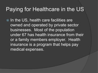 Paying for Healthcare in the US


In the US, health care facilities are
owned and operated by private sector
businesses. Most of the population
under 67 has health insurance from their
or a family members employer. Health
insurance is a program that helps pay
medical expenses.

 