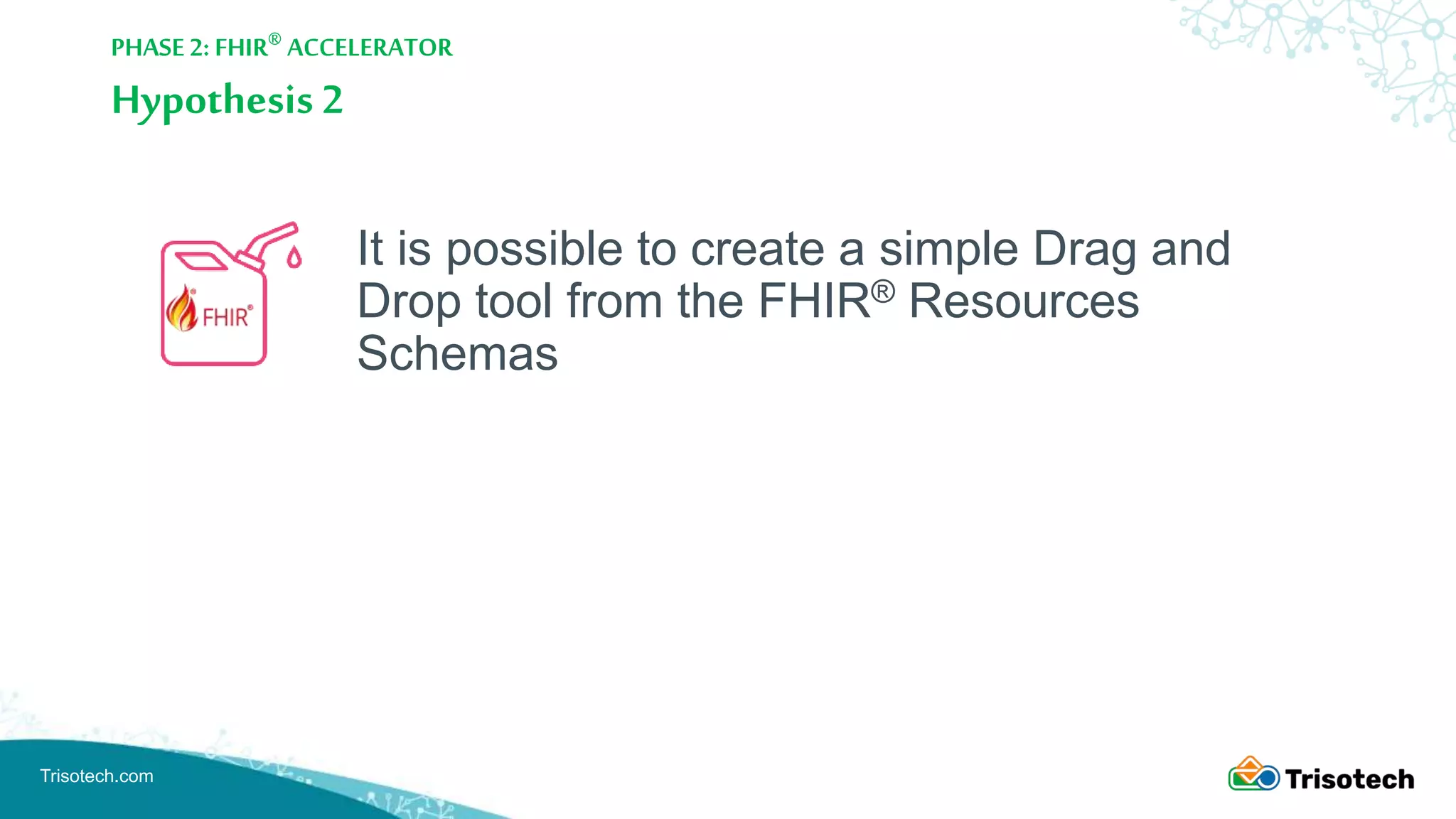 Trisotech.com
Hypothesis 2
It is possible to create a simple Drag and
Drop tool from the FHIR® Resources
Schemas
PHASE 2: FHIR® ACCELERATOR
 