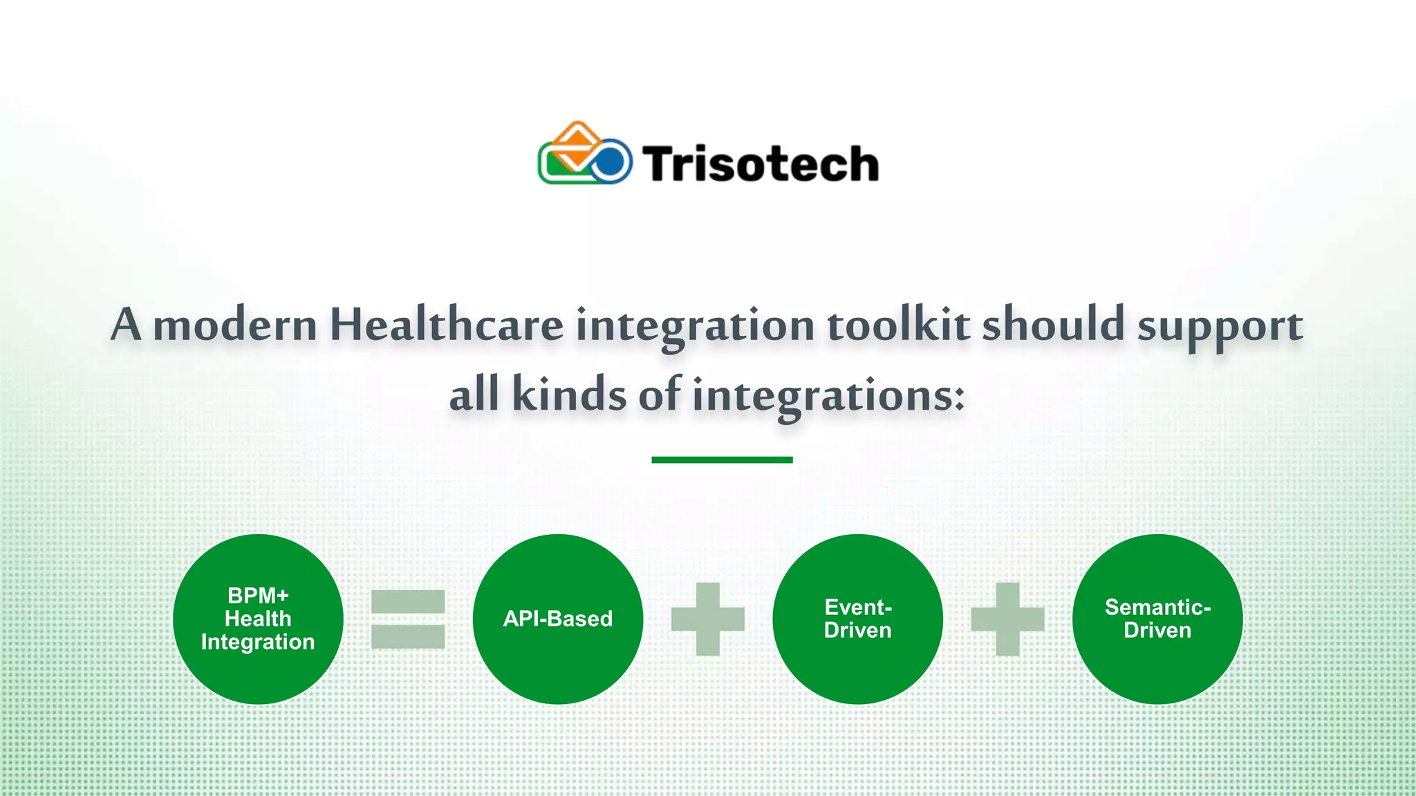 Trisotech.com
A modern Healthcare integration toolkit should support
all kinds of integrations:
Semantic-
Driven
Event-
Driven
API-Based
BPM+
Health
Integration
 