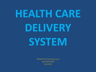 HEALTH CARE
DELIVERY
SYSTEM
PRESENTED BY:-Ms.Anshu tomar
ASST.PROFESSOR
NIN NOIDA
 