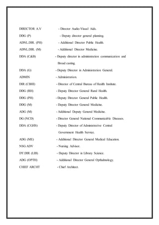 DIRECTOR A.V - Director Audio-Visual Aids.
DDG (P) - Deputy director general planning.
ADNL.DIR. (PH) - Additional Director Public Health.
ADNL.DIR. (M) - Additional Director Medicine.
DDA (C&B) - Deputy director in administration communication and
Broad casting.
DDA (G) - Deputy Director in Administration General.
ADMIN - Administration.
DIR (CBHI) - Director of Central Bureau of Health Institute.
DDG (RH) - Deputy Director General Rural Health.
DDG (PH) - Deputy Director General Public Health.
DDG (M) - Deputy Director General Medicine.
ADG (M) - Additional Deputy General Medicine.
DG (NCD) - Director General National Communicable Diseases.
DDA (CGHS) - Deputy Director of Administrative Central
Government Health Service.
ADG (ME) - Additional Director General Medical Education.
NSG ADV - Nursing Advisor.
DY.DIR (LIB) - Deputy Director in Library Science.
ADG (OPTH) - Additional Director General Opthalmology.
CHIEF ARCHT - Chief Architect.
 
