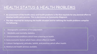 HEALTH STATUS & HEALTH PROBLEMS
 An assessment of the health status and health problems is the first requisite for any planned effort to
develop health care services. This is also known as Community Diagnosis.
 The data required for analyzing the health situation and for defining the health problems comprise
the following :
1. Demographic conditions of the population.
2. Morbidity and mortality statistics.
3 . Environmental conditions which have a bearing on health.
4. Socio-economic factors which have a direct effect on health.
5. Cultura l background, attitudes, beliefs, and practices which affect health.
6. Medical and health services available.
 