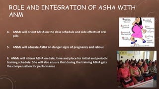 ROLE AND INTEGRATION OF ASHA WITH
ANM
4. ANMs will orient ASHA on the dose schedule and side effects of oral
pills
5. ANMs will educate ASHA on danger signs of pregnancy and labour.
6. ANMs will inform ASHA on date, time and place for initial and periodic
training schedule. She will also ensure that during the training ASHA gets
the compensation for performance .
 