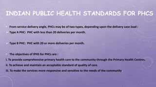 INDIAN PUBLIC HEALTH STANDARDS FOR PHCS
• From service delivery angle, PHCs may be of two types, depending upon the delivery case load :
 Type A PHC: PHC with less than 20 deliveries per month.
 Type B PHC: PHC with 20 or more deliveries per month.
• The objectives of IPHS for PHCs are :
i. To provide comprehensive primary health care to the community through the Primary Health Centres.
ii. To achieve and maintain an acceptable standard of quality of care.
iii. To make the services more responsive and sensitive to the needs of the community.
 