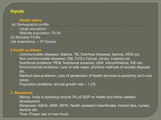 Inputs
1. Health status
(a) Demographic profile
 Large population
 Illiterate population -74.04
(b) Mortality Profile
Life expectancy – 67.5years
2.Health problems
a. Communicable diseases: Malaria, TB, Diarrheal diseases, leprosy, AIDS etc.
b. Non communicable diseases: DM, CVD’s Cancer, stroke, Cataract etc.
c. Nutritional problems: PEM, Nutritional anaemia, LBW, Xerophthalmia, IDD etc.
d. Environmental problems: Lack of safe water, primitive methods of excreta disposal
etc.
e. Medical care problems: Lack of penetration of health services to periphery and rural
areas.
f. Population problems: annual growth rate – 1.2%
3. Resources
a. Money: India is spending around 3% of GDP on health and family welfare
development
b. Manpower: ASHA, ANM, MPW, Health assistant male/female, trained dais, nurses,
doctors etc.
c. Time: Proper use of man hours
 