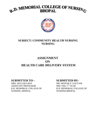 SUBJECT: COMMUNITY HEALTH NURSING
NURSING
ASSIGNMENT
ON
HEALTH CARE DELIVERY SYSTEM
SUBMITTED TO - SUBMITTED BY-
MRS. MALLIKA ROY MR. DEEPAK P. GAUTAM
ASSISTANT PROFESSOR MSC NSG 1ST
YEAR
R.D. MEMORIAL COLLEGE OF R.D. MEMORIAL COLLEGE OF
NURSING, BHOPAL NURSING,BHOPAL
 