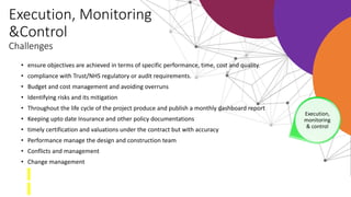 Execution, Monitoring
&Control
Challenges
• ensure objectives are achieved in terms of specific performance, time, cost and quality.
• compliance with Trust/NHS regulatory or audit requirements.
• Budget and cost management and avoiding overruns
• Identifying risks and its mitigation
• Throughout the life cycle of the project produce and publish a monthly dashboard report
• Keeping upto date Insurance and other policy documentations
• timely certification and valuations under the contract but with accuracy
• Performance manage the design and construction team
• Conflicts and management
• Change management
Execution,
monitoring
& control
 