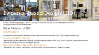 Family zones in patient rooms which encourage closer observation of patients reduce the number of patient falls.
Value Additions of EBD
Patient safety
EBD can achieve efficient workflow through decentralized workstations, which bring nurses, physicians, and supplies closer to
patients by distributing stations throughout the unit.
Natural light and Views of the outdoors can elicit positive emotions and distract patients from pain
Increase Staff Efficiency
Decrease Patient Need for Medication
Conducting
Evidence-based Design(EBD)
studies
Evidence-based design (EBD) is a decision-making approach that provides research-backed information for
decisions made during the design process.
 