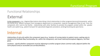Functional Program
Functional Relationships
External
to the component – e.g., diagram/descriptions describing critical relationships to other programs/services/components within
the facility (e.g., patient transport from emergency department to component, material management flow to and from the
component, etc.); and to the facility - relationships with other facilities to provide the program context within the greater
health care system (e.g., patient transport for specialized diagnostic procedure, sending/receiving lab specimens).
Internal
relationships of sub-units within the component space (e.g., location of nursing station to patient rooms, waiting area to
reception) to facilitate flow, functionality, etc. within the component; and visual matrices/conceptual diagrams, not floor
plans.
Locations - specify whether component must be adjoining to another program (share common wall), adjacent (within the
same physical area) or accessible (via corridor/elevator).
 