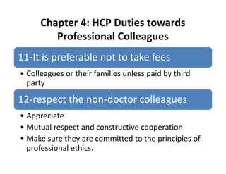Chapter 4: HCP Duties towards
Professional Colleagues
11-It is preferable not to take fees
• Colleagues or their families unless paid by third
party
12-respect the non-doctor colleagues
• Appreciate
• Mutual respect and constructive cooperation
• Make sure they are committed to the principles of
professional ethics.
 