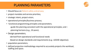 PLANNING PARAMETERS
• Should focus on Patient safety and privacy
• project mandate and service priorities;
• strategic intent, project vision;
• operational principles/business process;
• functional programming principles and parameters;
-guide the planning consistent with the operational principles; and –
-planning horizons (e.g., 10 years).
• Design parameters;
-derived from operational and functional needs
-Based on design standards and requirements (e.g.: LEED© objective).
• population parameters;
• defined projection methodology required to accurately projects the workload,
staffing and space.
 