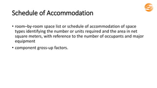 Schedule of Accommodation
• room–by-room space list or schedule of accommodation of space
types identifying the number or units required and the area in net
square meters, with reference to the number of occupants and major
equipment
• component gross-up factors.
 