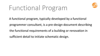 Functional Program
A functional program, typically developed by a functional
programmer consultant, is a pre-design document describing
the functional requirements of a building or renovation in
sufficient detail to initiate schematic design.
 