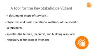 A tool for the Key Stakeholder/Client
- it documents scope of service(s),
- objectives and basic operational methods of the specific
component;
- specifies the human, technical, and building resources
necessary to function as intended
 