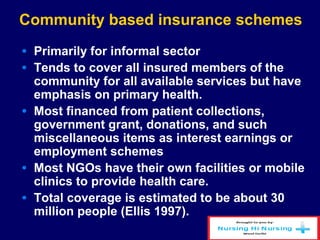 Community based insurance schemes
• Primarily for informal sector
• Tends to cover all insured members of the
community for all available services but have
emphasis on primary health.
• Most financed from patient collections,
government grant, donations, and such
miscellaneous items as interest earnings or
employment schemes
• Most NGOs have their own facilities or mobile
clinics to provide health care.
• Total coverage is estimated to be about 30
million people (Ellis 1997).
 