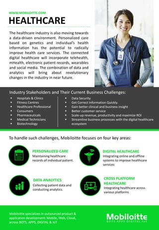 WWW.MOBILOITTE.COM
HEALTHCARE
The healthcare industry is also moving towards
a data-driven environment. Personalized care
based on genetics and individual’s health
information has the potential to radically
improve health care services. The connected
digital healthcare will incorporate telehealth,
mHealth, electronic patient records, wearables
and social media. The combination of data and
analytics will bring about revolutionary
changes in the industry in near future.
Industry Stakeholders and Their Current Business Challenges:
 Hospitals & Clinics
 Fitness Centres
 Healthcare Professional
 Consumers
 Pharmaceuticals
 Medical Technicians
 Biotechnology
 Data Security
 Get Correct Information Quickly.
 Gain better clinical and business insight
 Better customer service
 Scale-up revenue, productivity and maximize ROI
 Streamline business processes with the digital healthcare
ecosystem
To handle such challenges, Mobiloitte focuses on four key areas:
PERSONALIZED CARE
Maintaining healthcare
records of individual patient.
DIGITAL HEALTHCARE
Integrating online and offline
systems to improve healthcare
services
DATA ANALYTICS
Collecting patient data and
conducting analytics.
CROSS PLATFORM
HEALTHCARE
Integrating healthcare across
various platforms
Mobiloitte specializes in outsourced product &
application development: Mobile, Web, Cloud,
across BOTS, APPS, DIGITAL & IoT
 