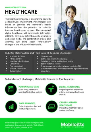 WWW.MOBILOITTE.COM
HEALTHCARE
The healthcare industry is also moving towards
a data-driven environment. Personalized care
based on genetics and individual’s health
information has the potential to radically
improve health care services. The connected
digital healthcare will incorporate telehealth,
mHealth, electronic patient records, wearables
and social media. The combination of data and
analytics will bring about revolutionary
changes in the industry in near future.
Industry Stakeholders and Their Current Business Challenges:
▪ Hospitals & Clinics
▪ Fitness Centres
▪ Healthcare Professional
▪ Consumers
▪ Pharmaceuticals
▪ Medical Technicians
▪ Biotechnology
▪ Data Security
▪ Get Correct Information Quickly.
▪ Gain better clinical and business insight
▪ Better customer service
▪ Scale-up revenue, productivity and maximize ROI
▪ Streamline business processes with the digital healthcare
ecosystem
To handle such challenges, Mobiloitte focuses on four key areas:
PERSONALIZED CARE
Maintaining healthcare
records of individual patient.
DIGITAL HEALTHCARE
Integrating online and offline
systems to improve healthcare
services
DATA ANALYTICS
Collecting patient data and
conducting analytics.
CROSS PLATFORM
HEALTHCARE
Integrating healthcare across
various platforms
Mobiloitte specializes in outsourced product &
application development: Mobile, Web, Cloud,
across BOTS, APPS, DIGITAL & IoT
 