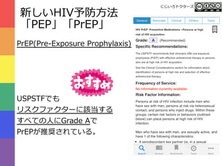 新しいHIV予防⽅法
「PEP」「PrEP」
PrEP(Pre-Exposure Prophylaxis)
USPSTFでも
リスクファクターに該当する
すべての⼈にGrade Aで
PrEPが推奨されている。
にじいろドクターズ
 