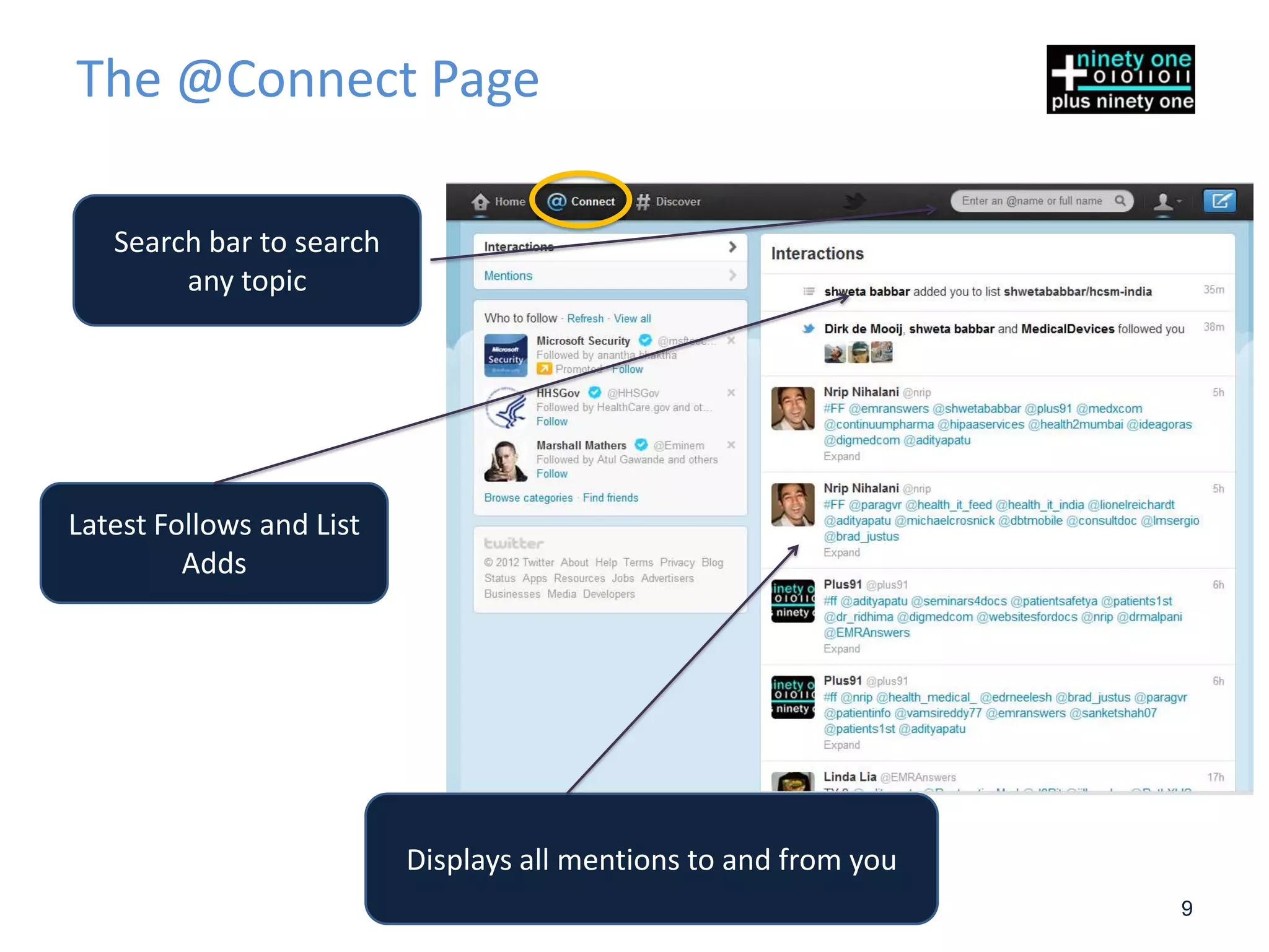 The @Connect Page

   Search bar to search
        any topic




Latest Follows and List
         Adds




                          Displays all mentions to and from you
                                                                  9
 
