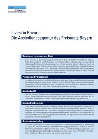 Invest in Bavaria –
Die Ansiedlungsagentur des Freistaats Bayern



      Rundumservice aus einer Hand
        Invest in Bavaria ist die Ansiedlungsagentur des Freistaats Bayern. Seit 1999 unterstützt Invest in Bavaria
        Unternehmen aus dem In- und Ausland dabei, einen Standort in Bayern aufzubauen oder zu erweitern. Invest
        in Bavaria stellt individuell Informationen zusammen, hilft, den optimalen Standort in Bayern zu finden, und
        vermittelt die Kontakte, die für die Projektrealisierung benötigt werden: zu Behörden und Verbänden ebenso
        wie zu wichtigen Netzwerken vor Ort. Der Service von Invest in Bavaria ist kostenfrei, alle Anfragen werden
        selbstverständlich vertraulich behandelt. Die Ansiedlungsagentur des Freistaats Bayern ist in jeder Phase des
        Investitionsvorhabens ein verlässlicher und kompetenter Partner.

      Planung und Vorbereitung
        Je fundierter Informationen zu möglichen Standorten sind, desto sicherer und effizienter lässt sich eine
        Investitionsentscheidung treffen. Invest in Bavaria stellt am Standort Bayern interessierten Unternehmen
        vergleichende und verlässliche Informationen zum Markt- und Geschäftsumfeld, über Branchen- und Techno-
        logienetzwerke oder über Förder- sowie Finanzierungsinstrumente zur Verfügung.

      Standortwahl
        Nach den Wünschen und Bedürfnissen des Investors werden gemeinsam projektbezogene Standortkriterien ent-
        wickelt. Gemäß diesem Anforderungsprofil identifiziert Invest in Bavaria geeignete Gewerbeflächen und
        -immobilien, erarbeitet daraus konkrete Standortvorschläge und organisiert Besichtigungen vor Ort.

      Standortrealisierung
        Ist die Standortentscheidung getroffen, sorgt Invest in Bavaria dafür, dass die Unternehmen vor Ort von den rich-
        tigen Partnern unterstützt werden. Invest in Bavaria recherchiert Fördermöglichkeiten, vermittelt Kontakte zu
        geeigneten Förderinstitutionen und – auf Wunsch – zu möglichen Finanzierungspartnern. Auch bei steuerlichen,
        rechtlichen und verwaltungstechnischen Fragen kümmert sich Invest in Bavaria um eine unkomplizierte und
        reibungslose Koordination mit den projektrelevanten Behörden, den regionalen Wirtschaftsförderern oder
        spezialisierten Dienstleistungsanbietern.

      Standortentwicklung
        Auch nach der Ansiedlung ist Invest in Bavaria weiterhin für interessierte Unternehmen da. Informationen
        zur bayerischen Wirtschaftsförderung wie dem Messebeteiligungsprogramm über die Auskunft zu nützlichen
        Unternehmensdatenbanken und Branchennetzwerken bis hin zur Kontaktvermittlung zu ausländischen Com-
        munities sind Beispiele für das breite Serviceangebot von Invest in Bavaria. Auch bei einem Erweiterungsvor-
        haben steht Invest in Bavaria mit Rat, Tat und guten Kontakten zur Seite.
 