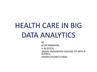 HEALTH CARE IN BIG
DATA ANALYTICS
BY
M.SRI NANDHINI,
II- M.SC(CS),
NADAR SARASWATHI COLLEGE OF ARTS &
SCIENCE,
VADAPUTHUPATTI,THENI.
 