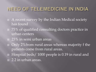 NEED OF TELEMEDICINE IN INDIAA recent survey by the Indian Medical society has found75% of qualified consulting doctors practice in urban centers23% in semi urban areasOnly 2%from rural areas whereas majority f the patients come from rural areas.Hospital beds/ 1000 people is 0.19 in rural and 2.2 in urban areas.