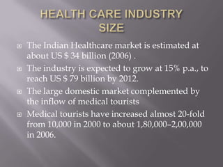 HEALTH CARE INDUSTRYSIZEThe Indian Healthcare market is estimated at about US $ 34 billion (2006) .The industry is expected to grow at 15% p.a., to reach US $ 79 billion by 2012. The large domestic market complemented by the inflow of medical tourists Medical tourists have increased almost 20-fold from 10,000 in 2000 to about 1,80,000–2,00,000 in 2006. 