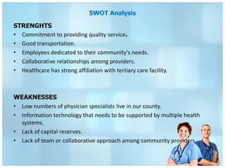SWOT Analysis

STRENGHTS
• Commitment to providing quality service.
• Good transportation.
• Employees dedicated to their community's needs.
• Collaborative relationships among providers.
• Healthcare has strong affiliation with tertiary care facility.



WEAKNESSES
• Low numbers of physician specialists live in our county.
• Information technology that needs to be supported by multiple health
  systems.
• Lack of capital reserves.
• Lack of team or collaborative approach among community providers.
 