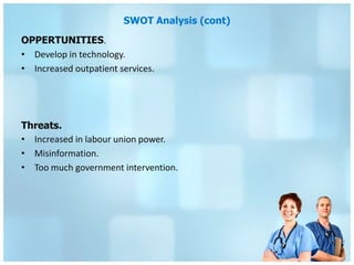 SWOT Analysis (cont)
OPPERTUNITIES.
• Develop in technology.
• Increased outpatient services.




Threats.
• Increased in labour union power.
• Misinformation.
• Too much government intervention.
 