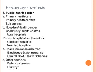 HEALTH CARE SYSTEMS
1. Public health sector
a. Primary health care
Primary health centres
Sub centres
b. Hospitals/Health centres
Community health centres
Rural hospitals
District hospitals/health centres
Specialist hospitals
Teaching hospitals
c. Health insurance schemes
Employees State Insurance
Central Govt. Health Schemes
d. Other agencies
Defense services
Railways
 