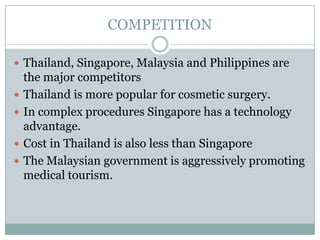COMPETITION

 Thailand, Singapore, Malaysia and Philippines are
    the major competitors
   Thailand is more popular for cosmetic surgery.
   In complex procedures Singapore has a technology
    advantage.
   Cost in Thailand is also less than Singapore
   The Malaysian government is aggressively promoting
    medical tourism.
 
