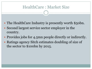 HealthCare : Market Size


 The HealthCare Industry is presently worth $50bn.
 Second largest service sector employer in the
  country.
 Provides jobs for 4.5mn people directly or indirectly.
 Ratings agency Sitch estimates doubling of size of
  the sector to $100bn by 2015.
 