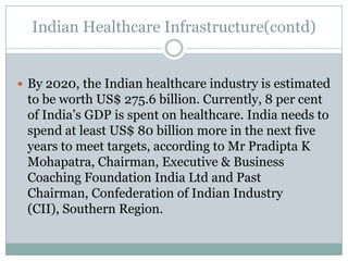 Indian Healthcare Infrastructure(contd)
 By 2020, the Indian healthcare industry is estimated
to be worth US$ 275.6 billion. Currently, 8 per cent
of India’s GDP is spent on healthcare. India needs to
spend at least US$ 80 billion more in the next five
years to meet targets, according to Mr Pradipta K
Mohapatra, Chairman, Executive & Business
Coaching Foundation India Ltd and Past
Chairman, Confederation of Indian Industry
(CII), Southern Region.
 