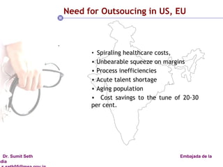 Need for Outsoucing in US, EU .  Spiraling healthcare costs,  Unbearable squeeze on margins  Process inefficiencies Acute talent shortage  Aging population  Cost savings to the tune of 20-30 per cent.  