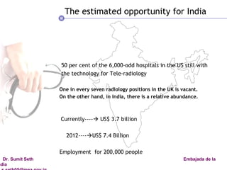 The estimated opportunity for India 50 per cent of the 6,000-odd hospitals in the US still with  the technology for Tele-radiology One in every seven radiology positions in the UK is vacant.  On the other hand, in India, there is a relative abundance.  Currently----   US$ 3.7 billion 2012----  US$ 7.4 Billion  Employment  for 200,000 people 